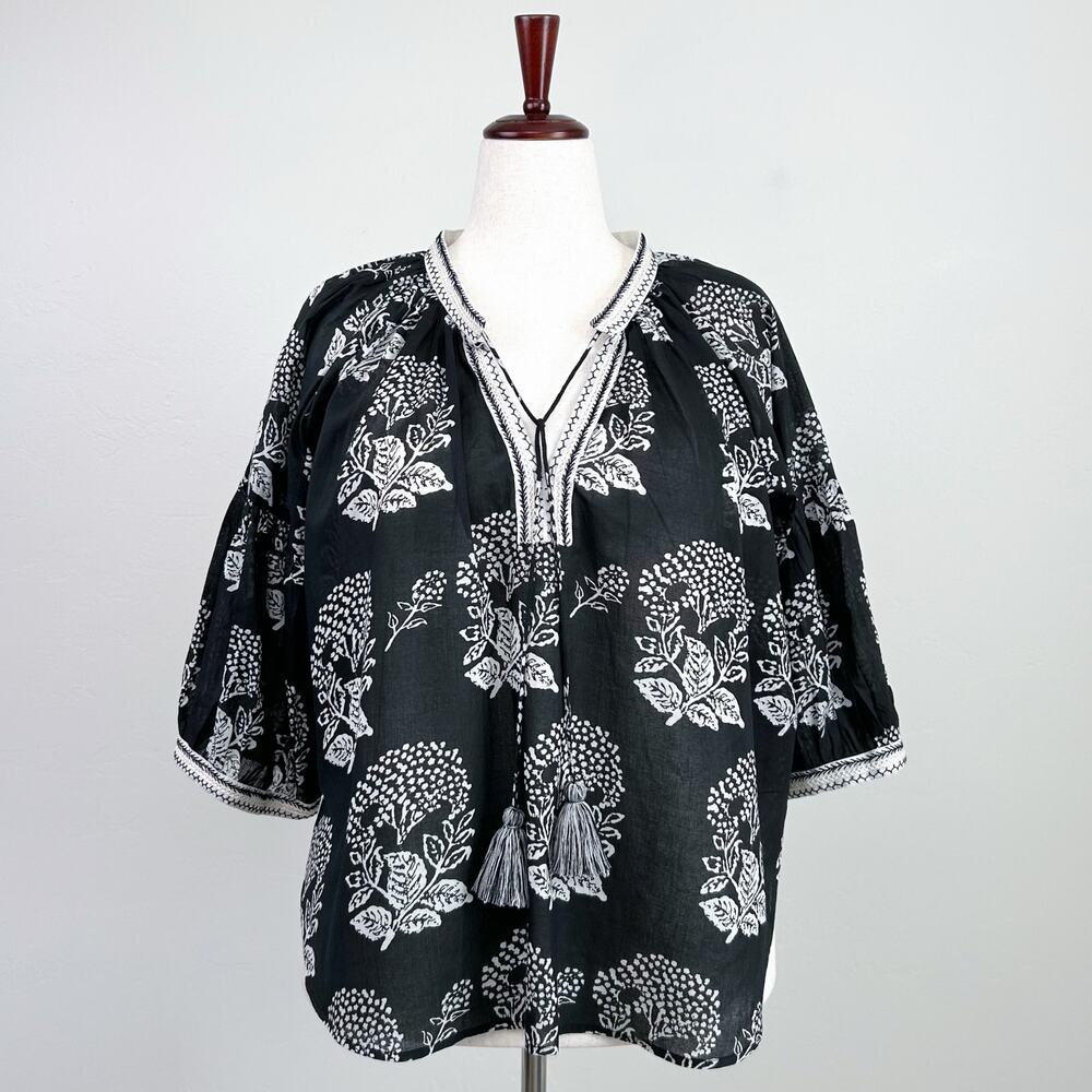 Alamwar India XL Black Floral Block Prink Bohemian Tassel Tie Cotton Blouse NWT - Picture 12 of 12